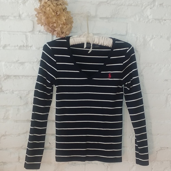 Ralph Lauren Tops - RALPH LAUREN V-NECK LONG SLEEVE STRIPED TOP